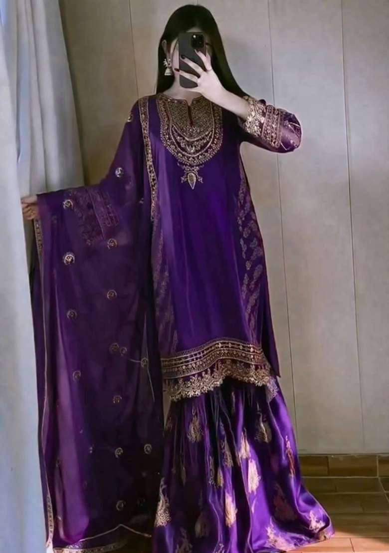 Purple Embroidery Jimmy Choo Palazzo Set - Indya