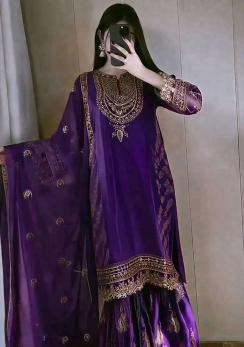 Purple Embroidery Jimmy Choo Palazzo Set - Indya
