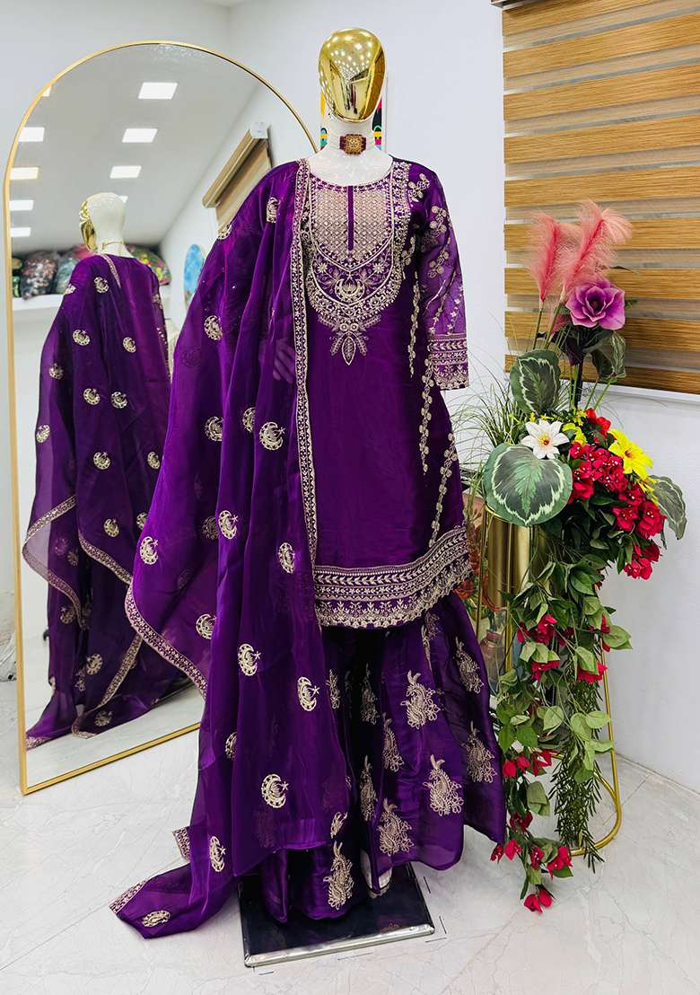 Purple Embroidery Jimmy Choo Palazzo Set - Indya