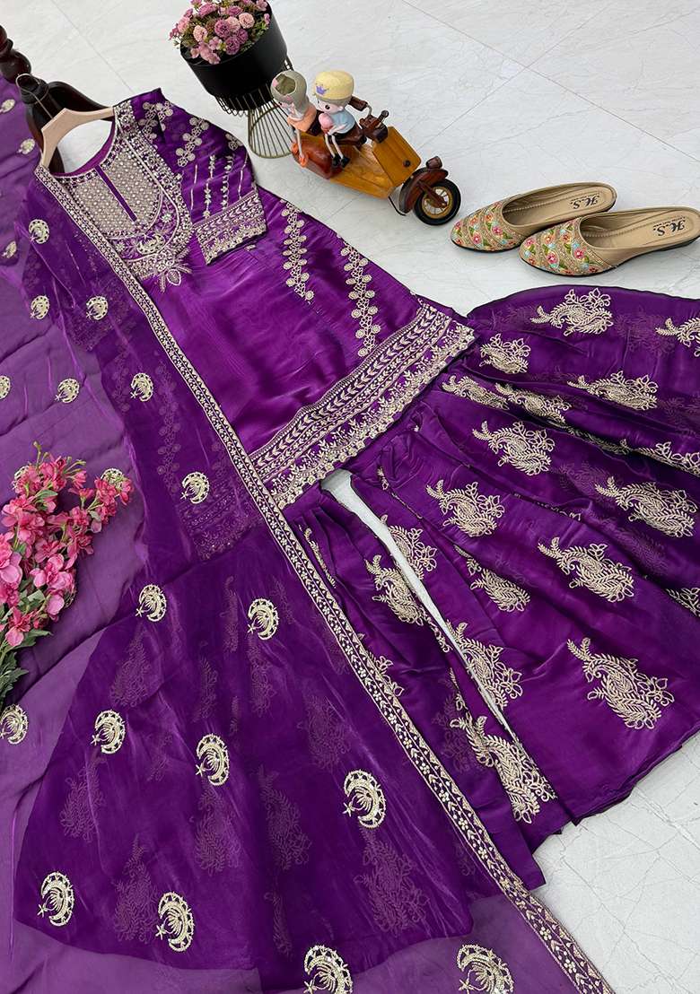 Purple Embroidery Jimmy Choo Palazzo Set - Indya