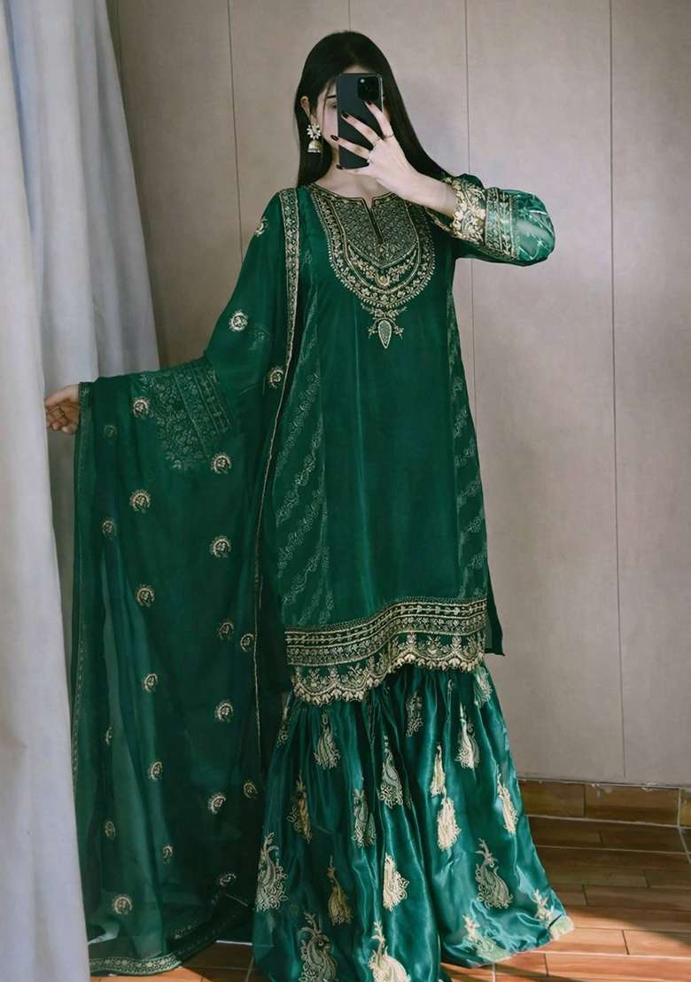 Green Embroidery Jimmy Choo Palazzo Set - Indya