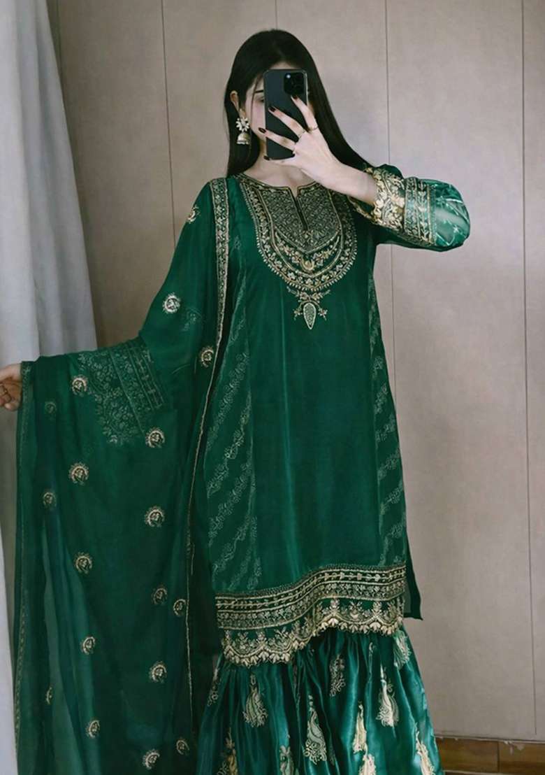 Green Embroidery Jimmy Choo Palazzo Set - Indya