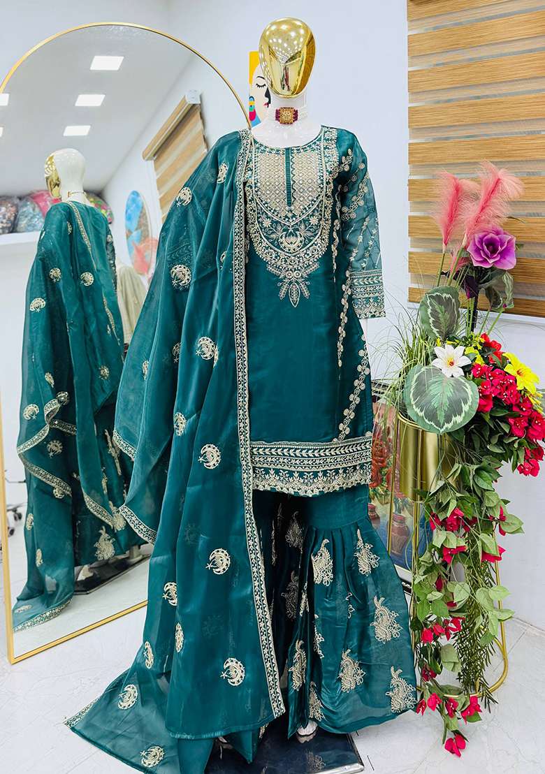 Green Embroidery Jimmy Choo Palazzo Set - Indya