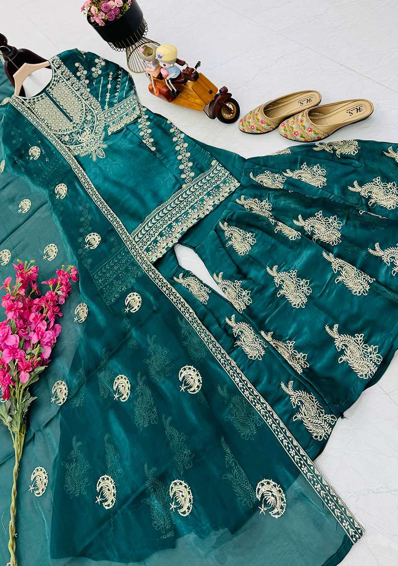 Green Embroidery Jimmy Choo Palazzo Set - Indya