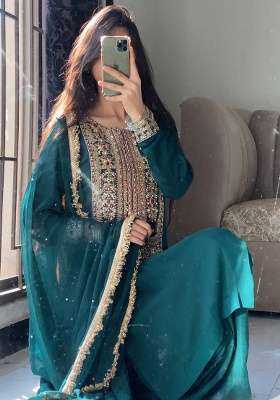 Teal Blue Embroidery Georgette Palazzo Set