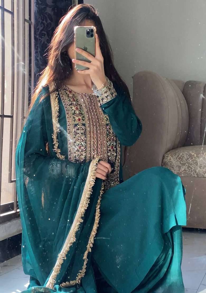 Teal Blue Embroidery Georgette Palazzo Set - Indya