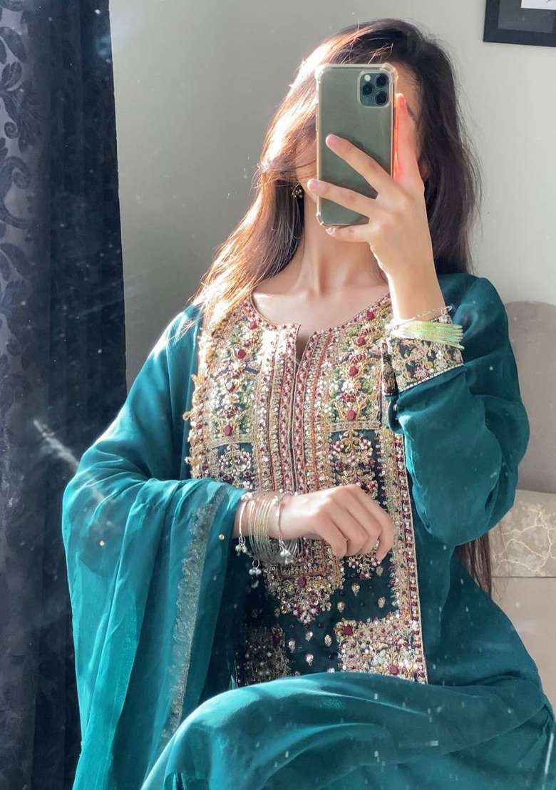 Teal Blue Embroidery Georgette Palazzo Set - Indya