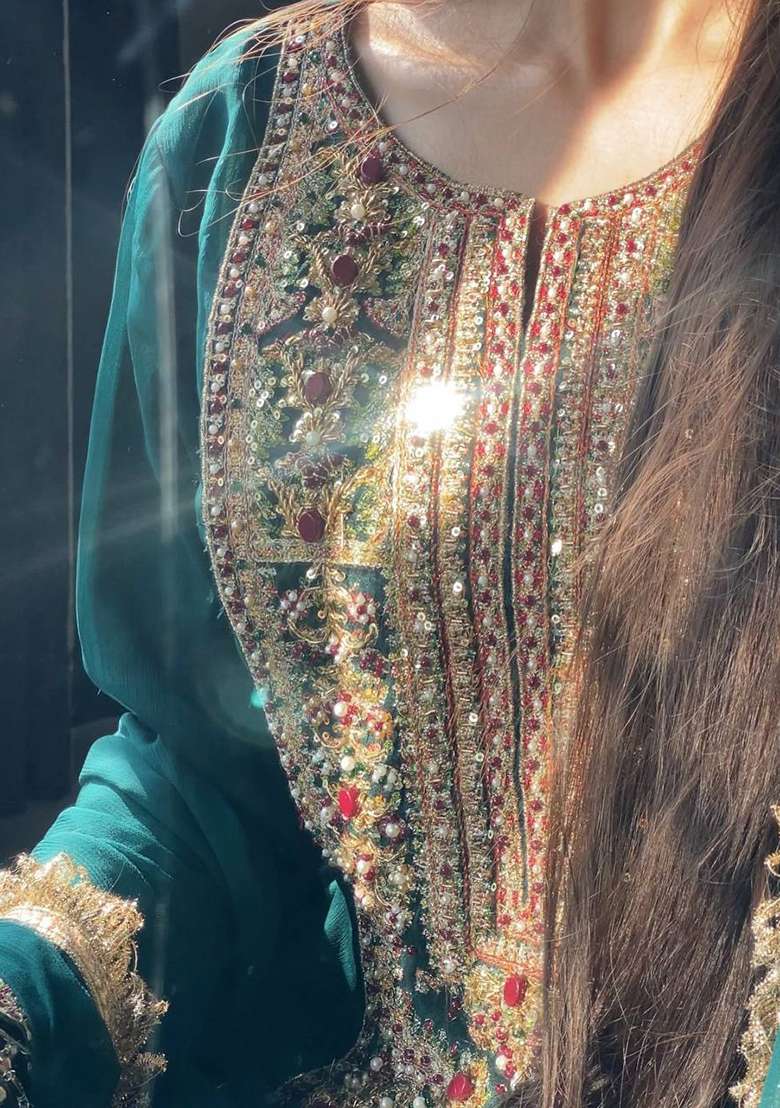 Teal Blue Embroidery Georgette Palazzo Set - Indya
