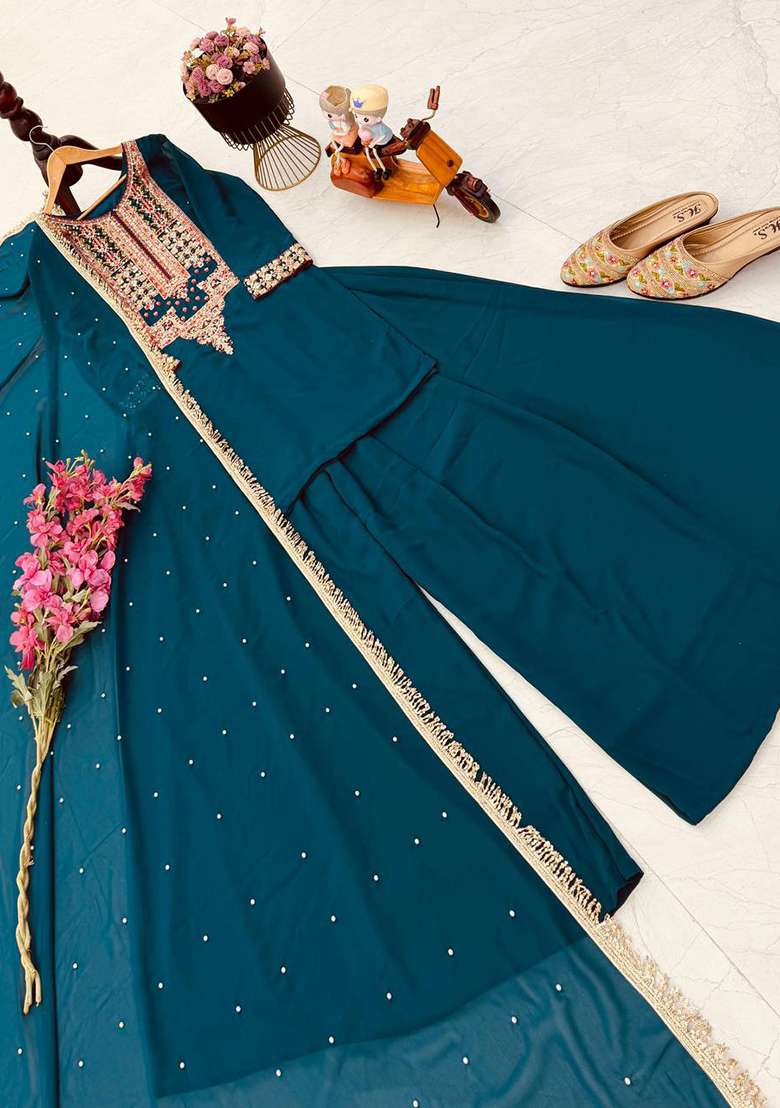 Teal Blue Embroidery Georgette Palazzo Set - Indya