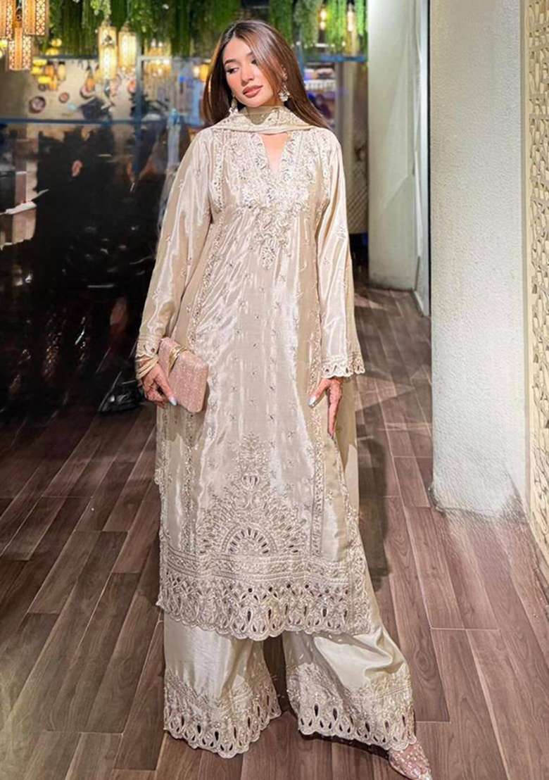 Off White Embroidery Silk Sharara Set - Indya