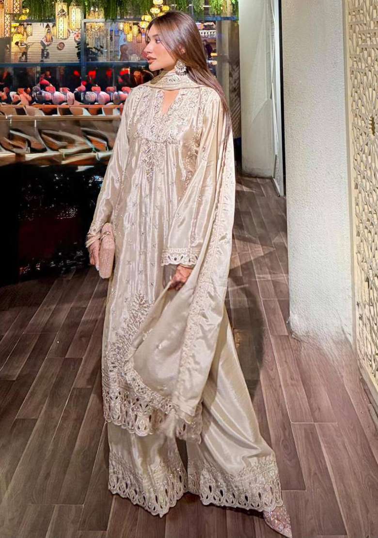 Off White Embroidery Silk Sharara Set - Indya