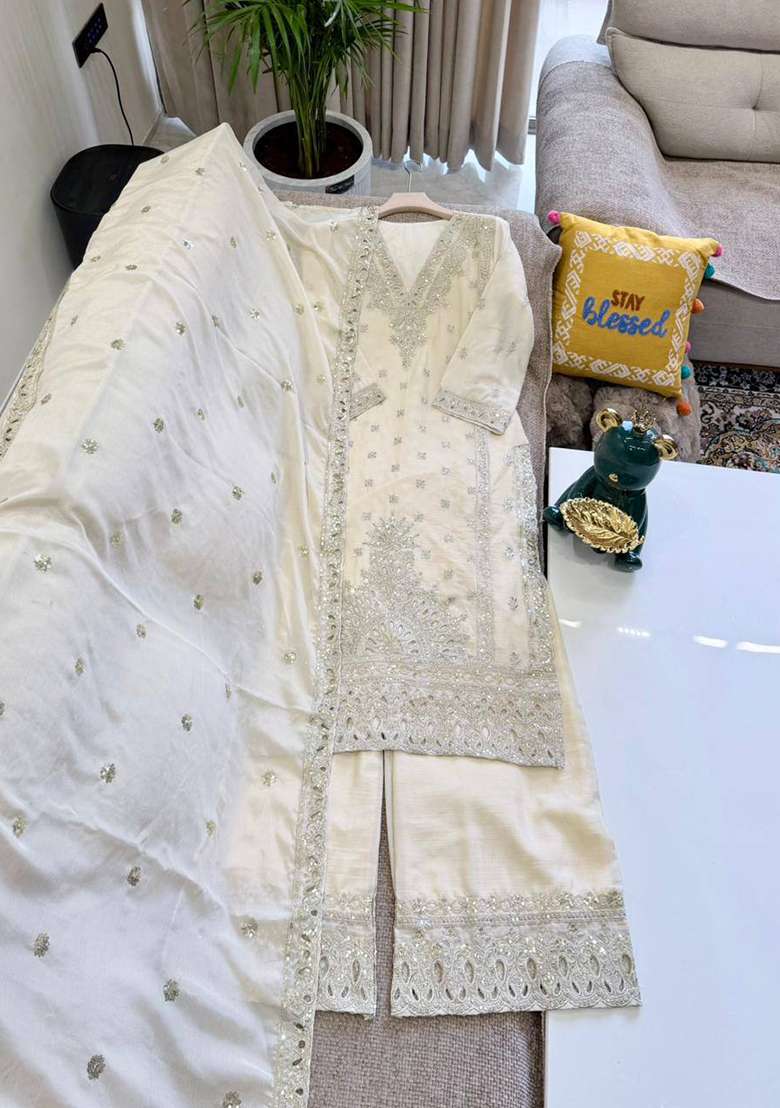 Off White Embroidery Silk Sharara Set - Indya