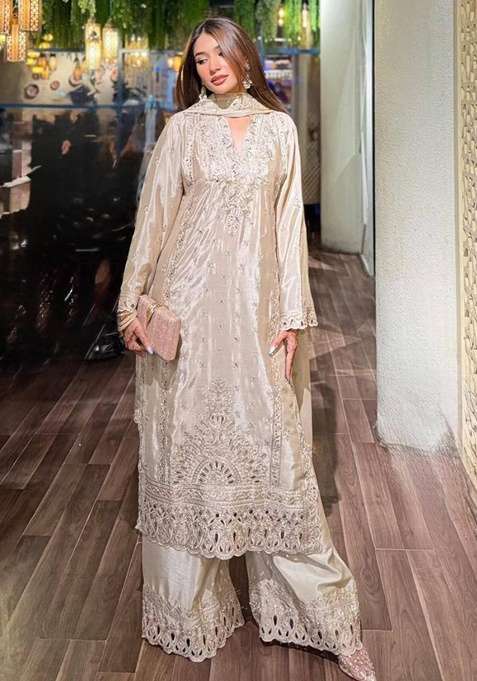 Off White Embroidery Silk Sharara Set