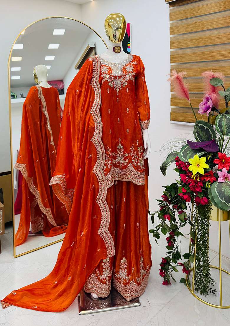 Orange Embroidery Satin Sharara Set - Indya