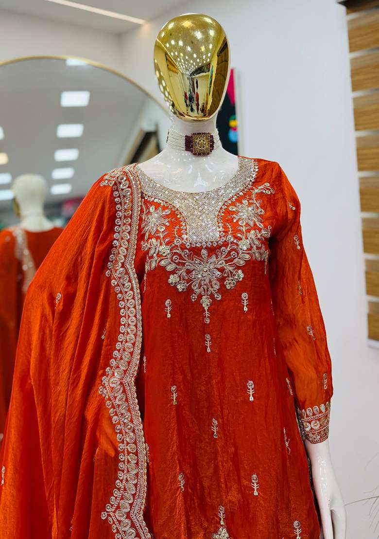 Orange Embroidery Satin Sharara Set - Indya