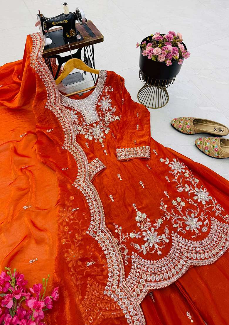 Orange Embroidery Satin Sharara Set - Indya