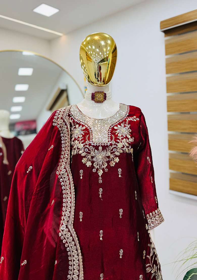 Maroon Embroidery Satin Sharara Set - Indya
