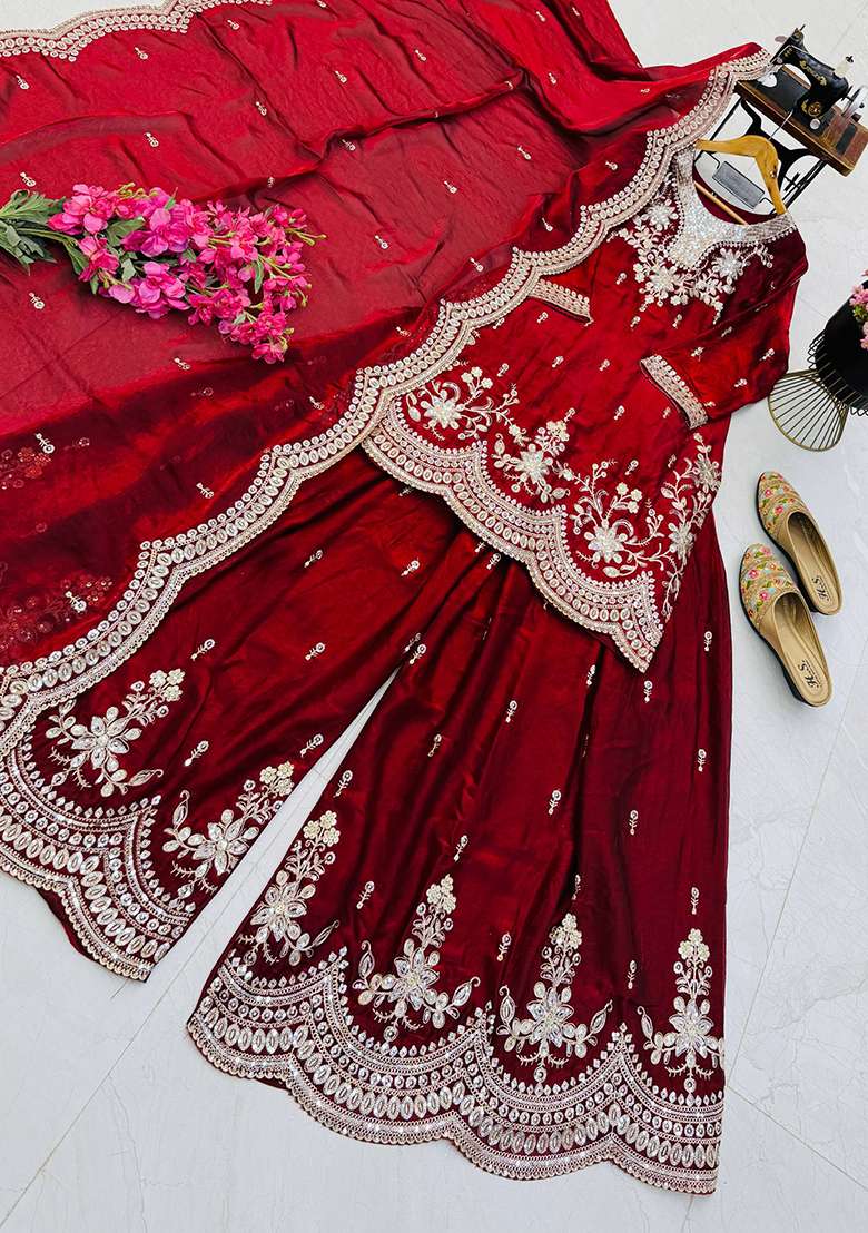 Maroon Embroidery Satin Sharara Set - Indya