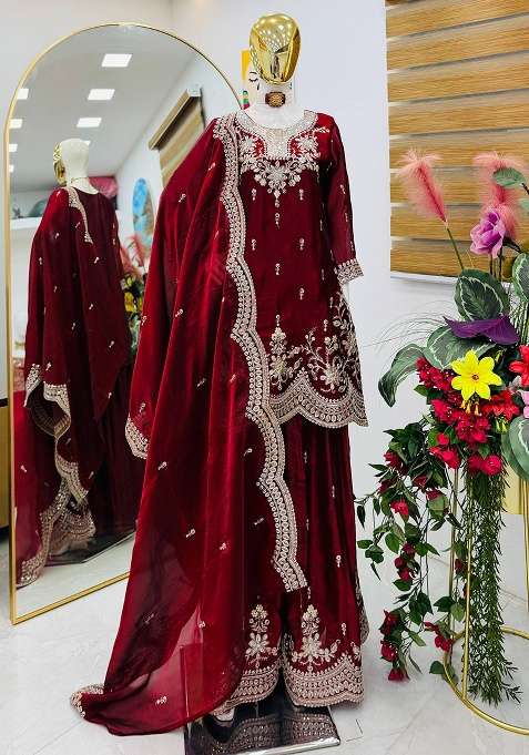 Maroon Embroidery Satin Sharara Set
