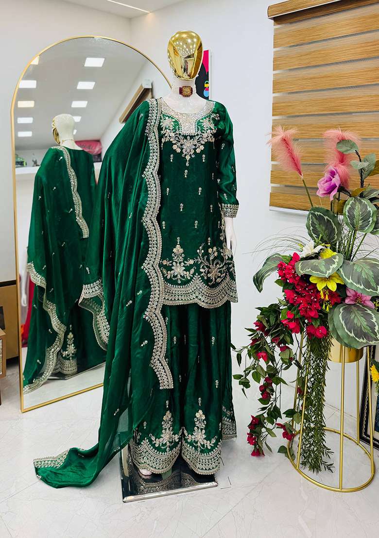 Green Embroidery Satin Sharara Set - Indya
