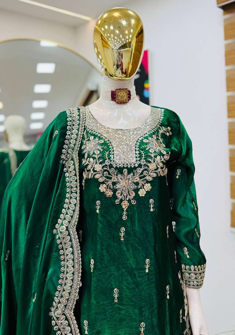 Green Embroidery Satin Sharara Set - Indya