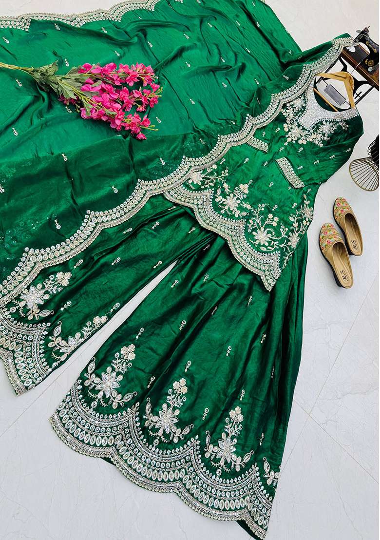 Green Embroidery Satin Sharara Set - Indya