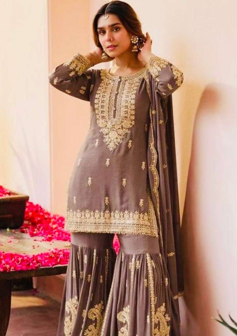 Brown Embroidery Georgette Sharara Set - Indya