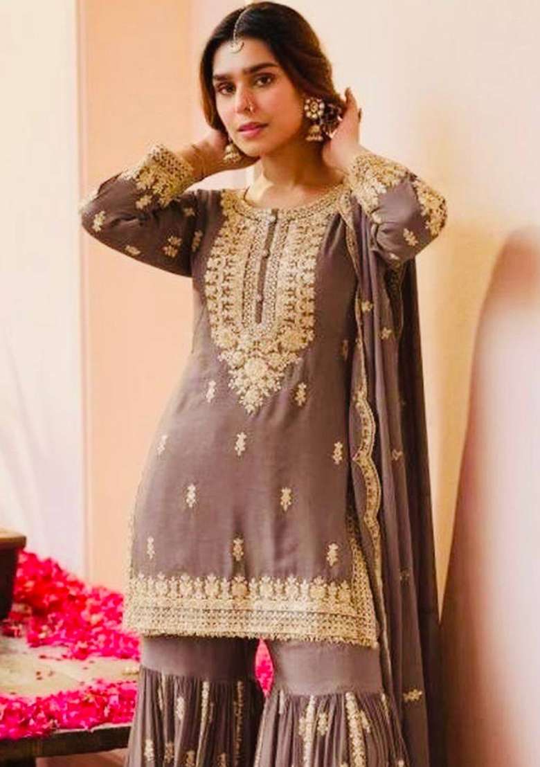 Brown Embroidery Georgette Sharara Set - Indya