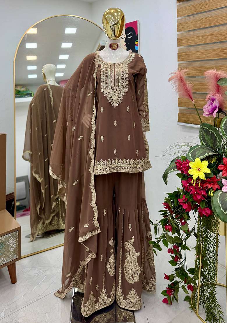 Brown Embroidery Georgette Sharara Set - Indya