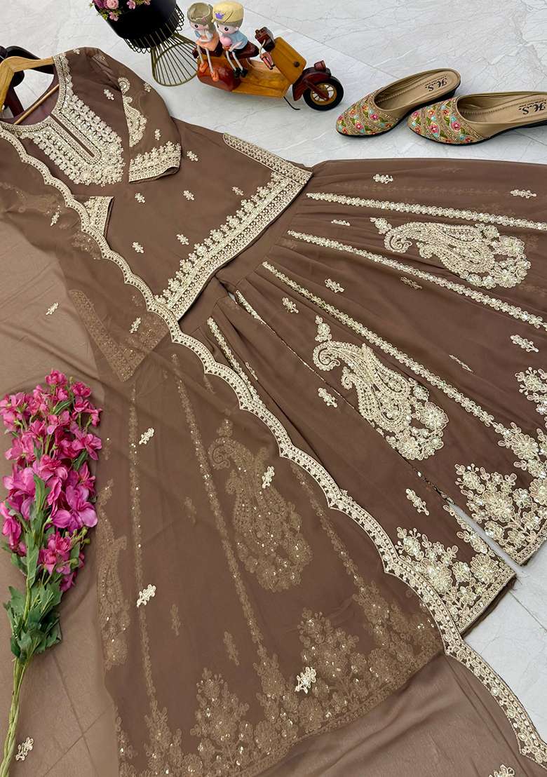 Brown Embroidery Georgette Sharara Set - Indya