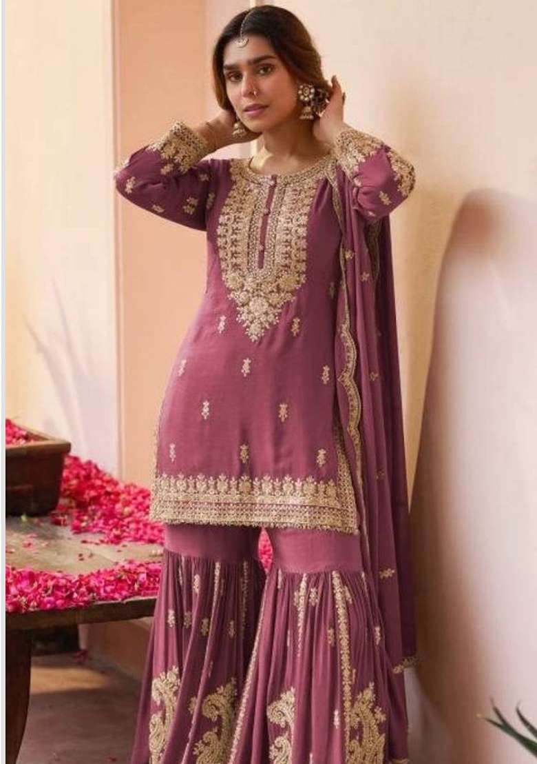 Wine Embroidery Georgette Sharara Set - Indya