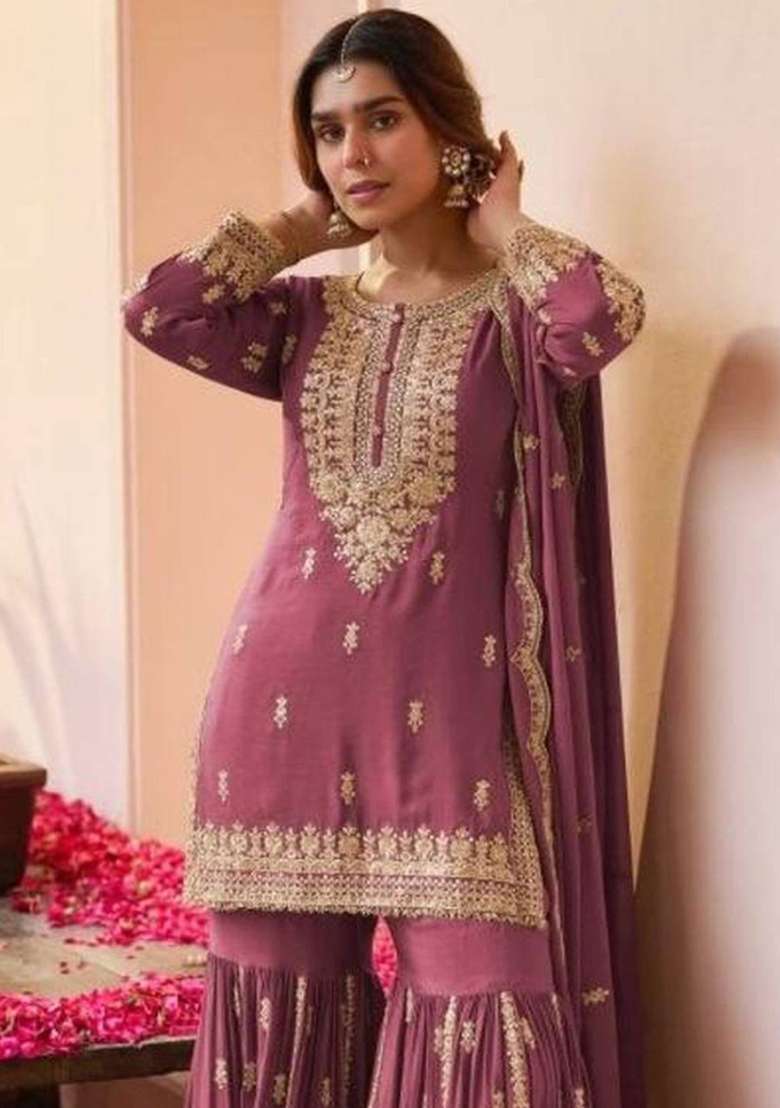 Wine Embroidery Georgette Sharara Set - Indya