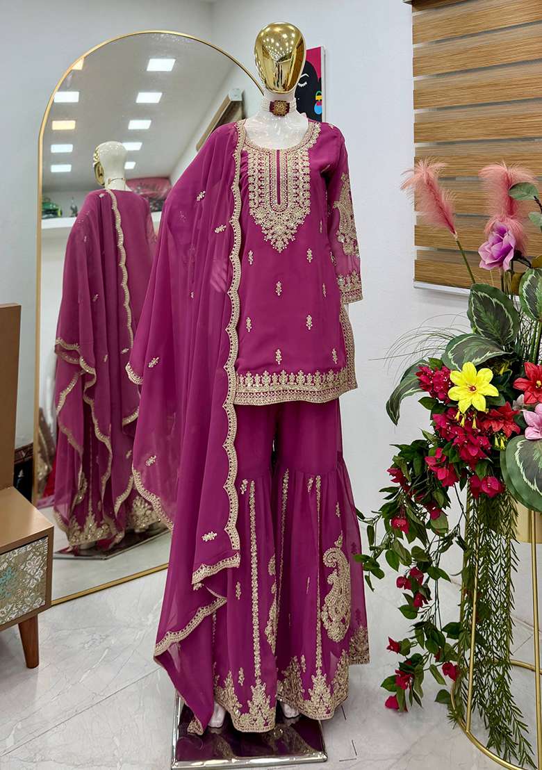 Wine Embroidery Georgette Sharara Set - Indya