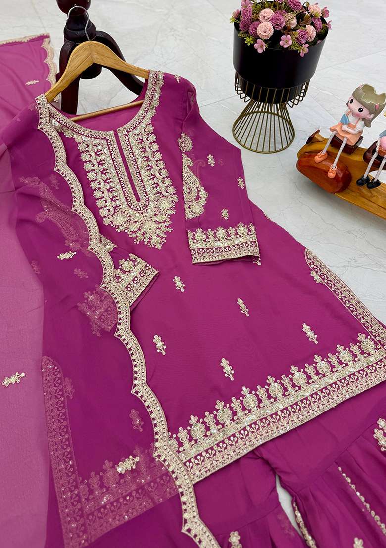 Wine Embroidery Georgette Sharara Set - Indya