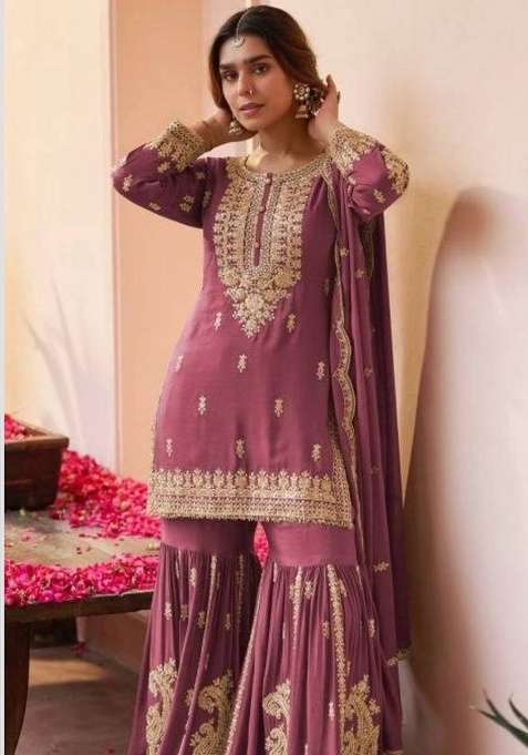Wine Embroidery Georgette Sharara Set