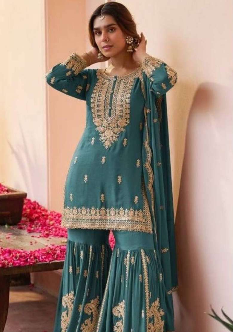 Teal Blue Embroidery Georgette Sharara Set - Indya