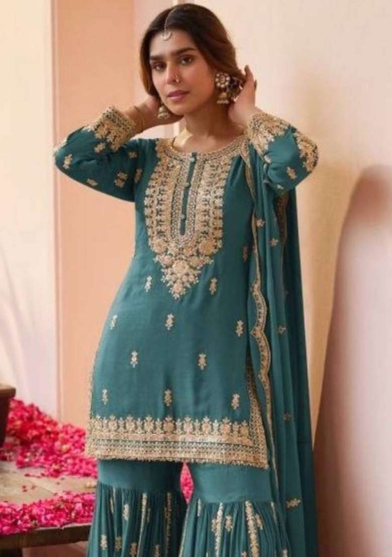 Teal Blue Embroidery Georgette Sharara Set - Indya