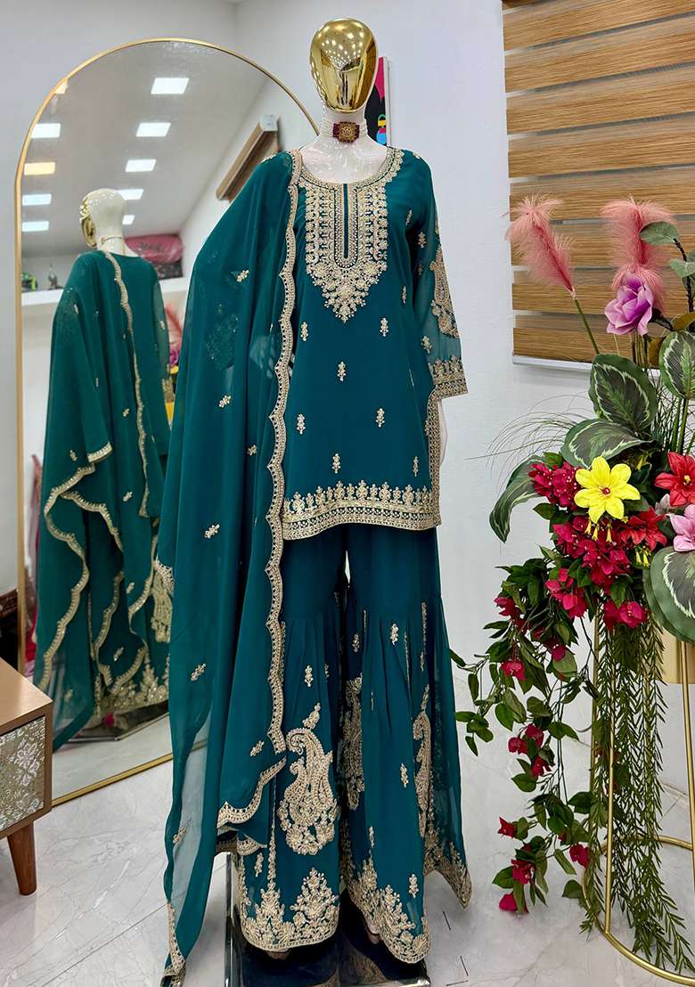 Teal Blue Embroidery Georgette Sharara Set - Indya