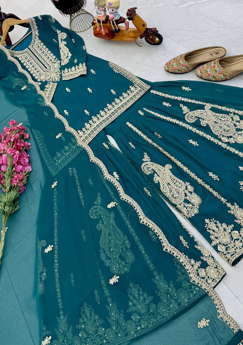 Teal Blue Embroidery Georgette Sharara Set - Indya