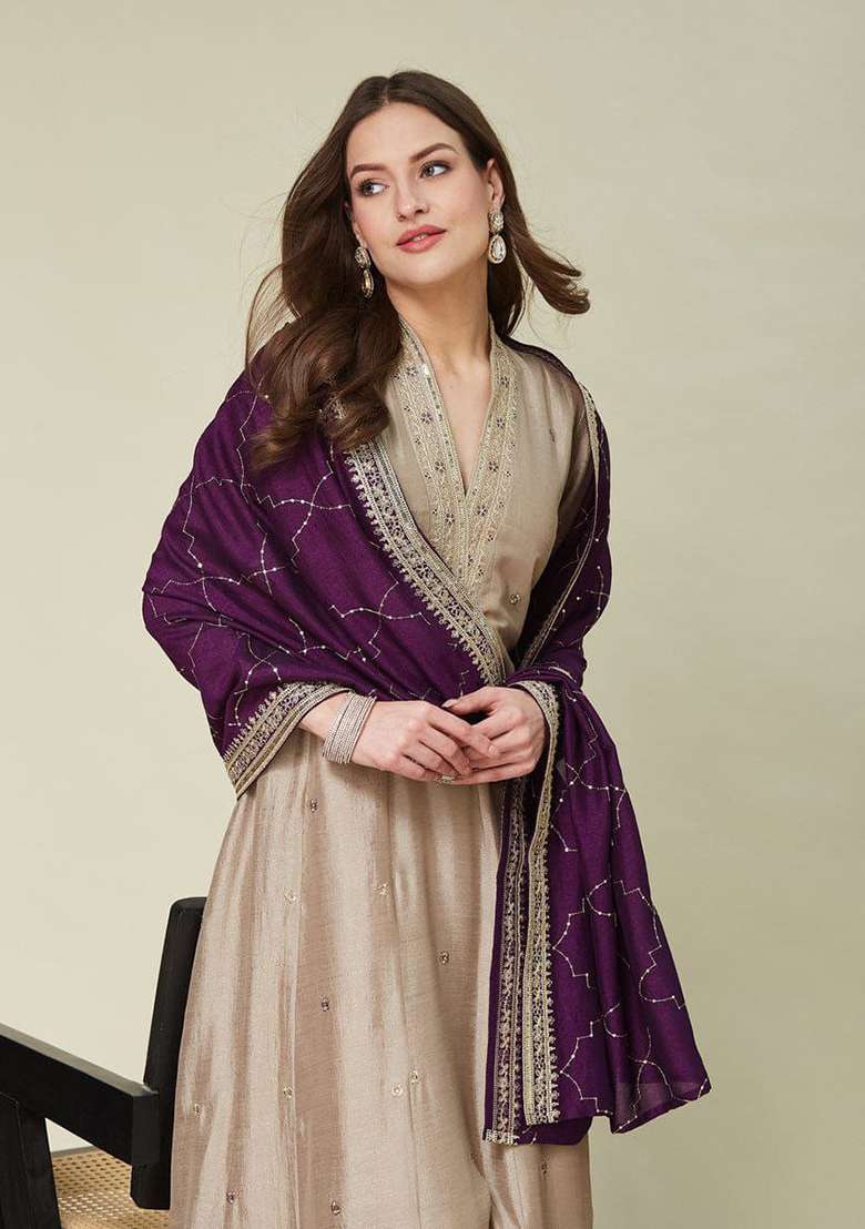 Light Beige Gold Embroidery Silk Anarkali Set - Indya