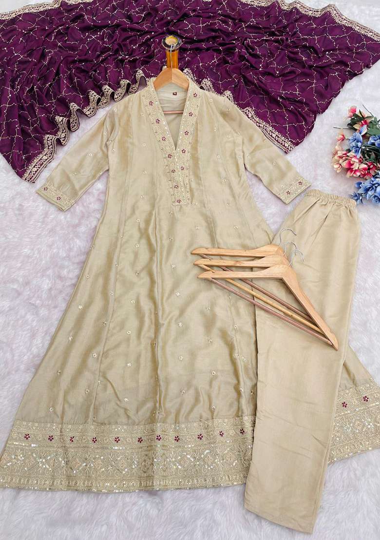 Light Beige Gold Embroidery Silk Anarkali Set - Indya
