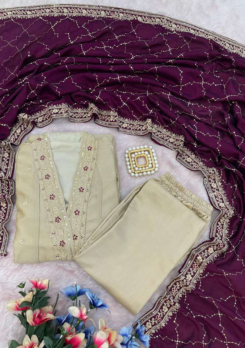 Light Beige Gold Embroidery Silk Anarkali Set - Indya