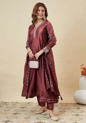 Coffee Brown Embroidery Silk Anarkali Set