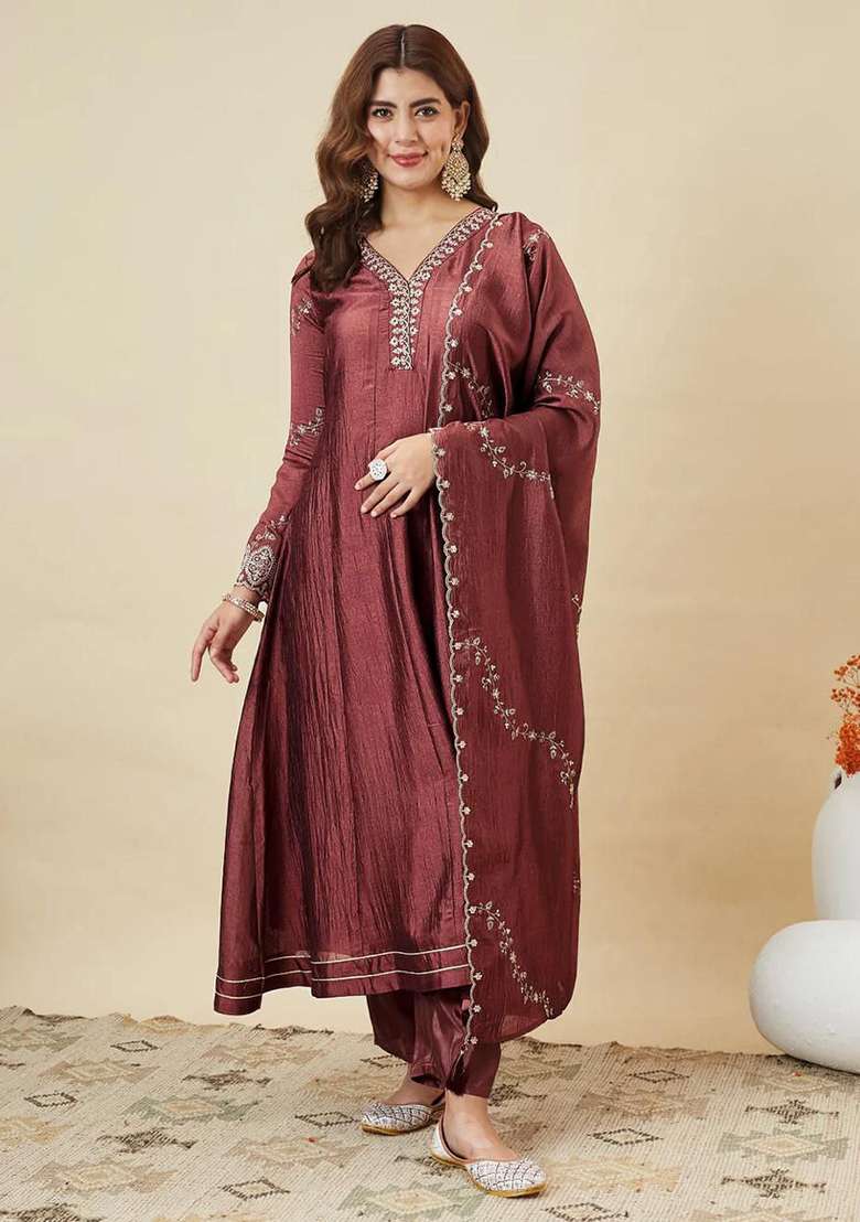 Coffee Brown Embroidery Silk Anarkali Set - Indya