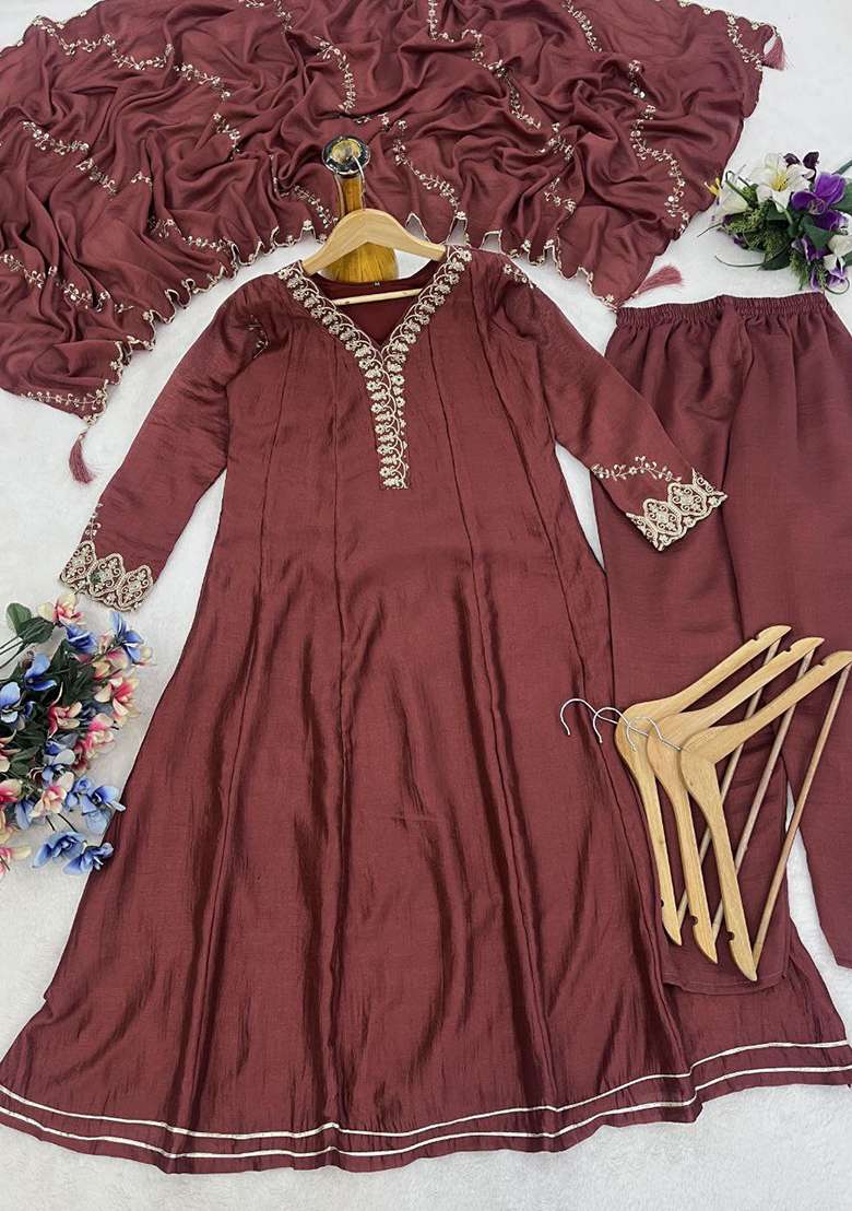 Coffee Brown Embroidery Silk Anarkali Set - Indya