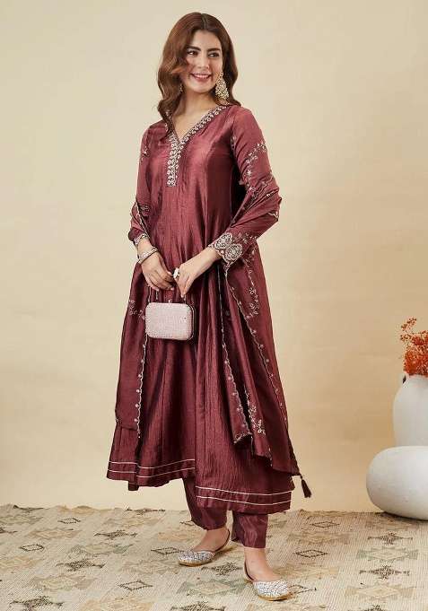 Coffee Brown Embroidery Silk Anarkali Set