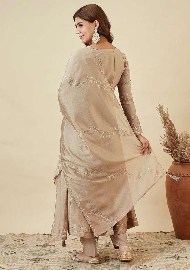 Cream Gold Embroidery Silk Anarkali Set - Indya