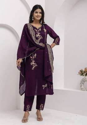 Purple Embroidery Silk Kurta Set