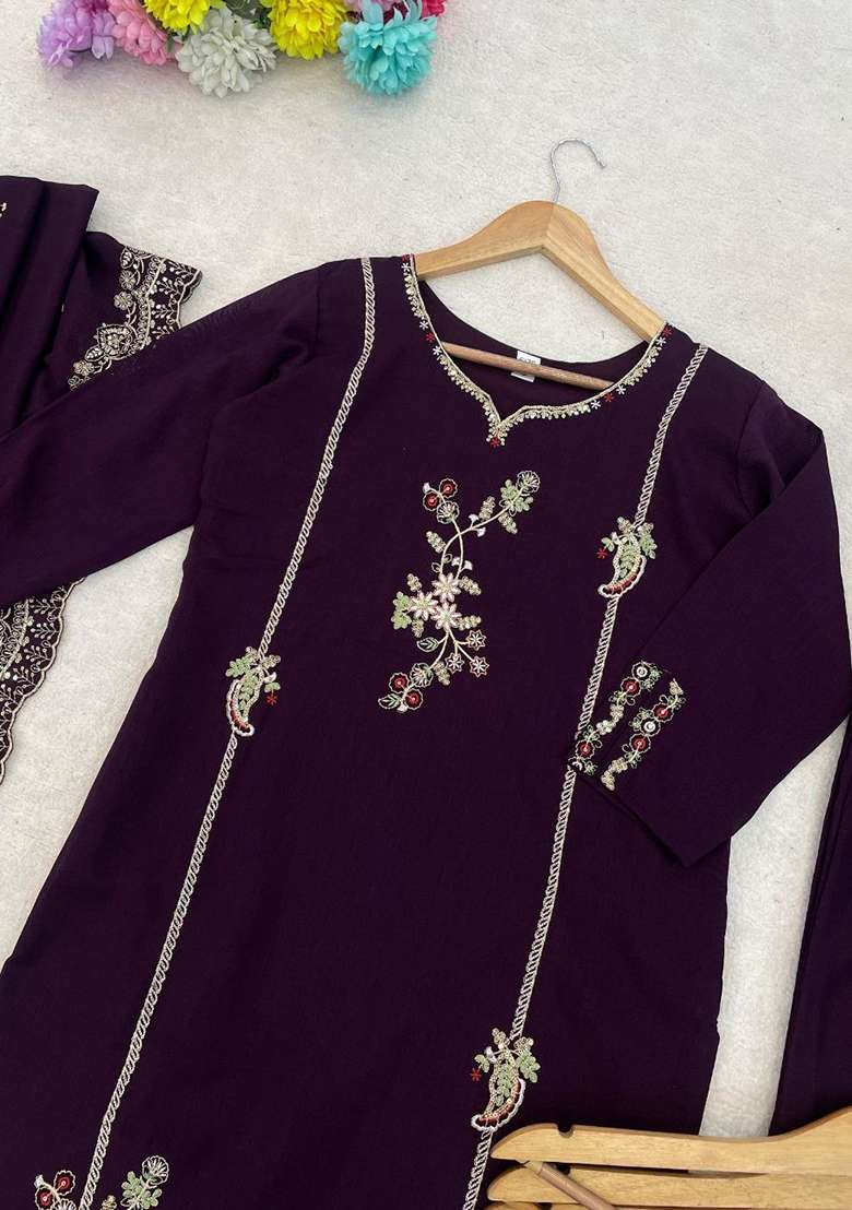 Purple Embroidery Silk Kurta Set - Indya