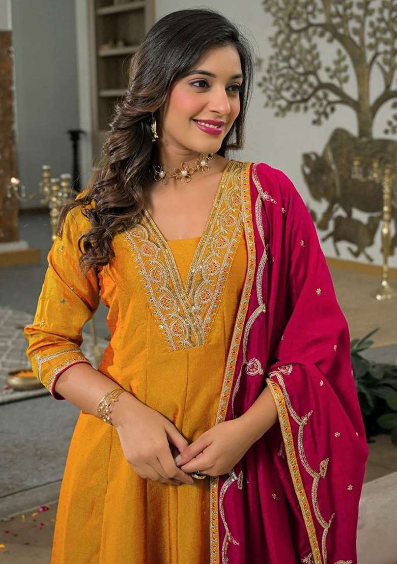 Mustard Yellow And Pink Embroidery Silk Anarkali Set - Indya